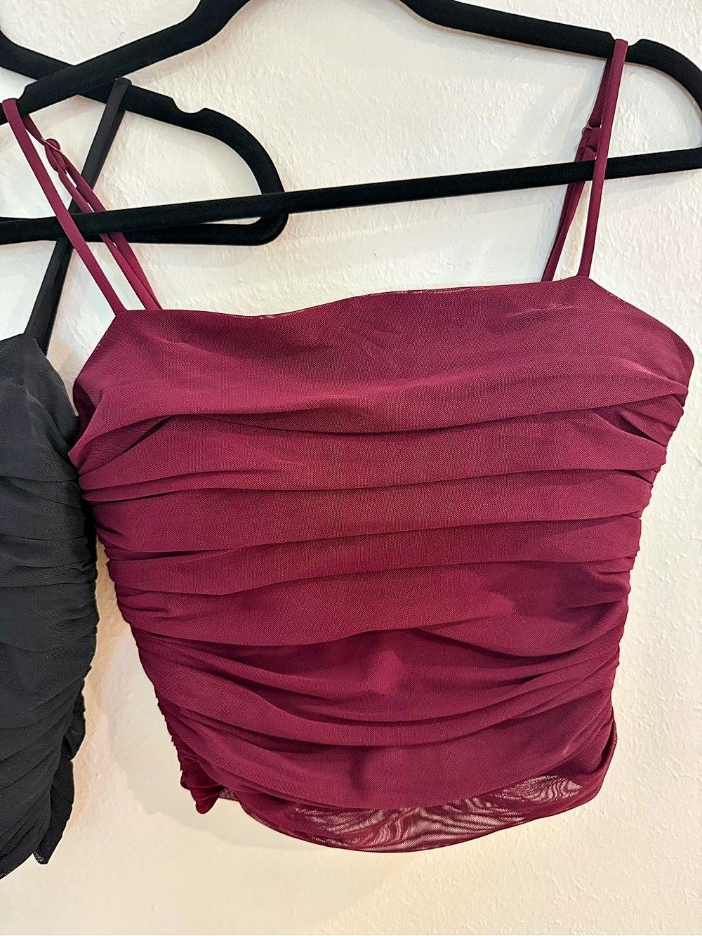 Express Body Contour Burgundy Ruched Mesh Padded Cami Top M